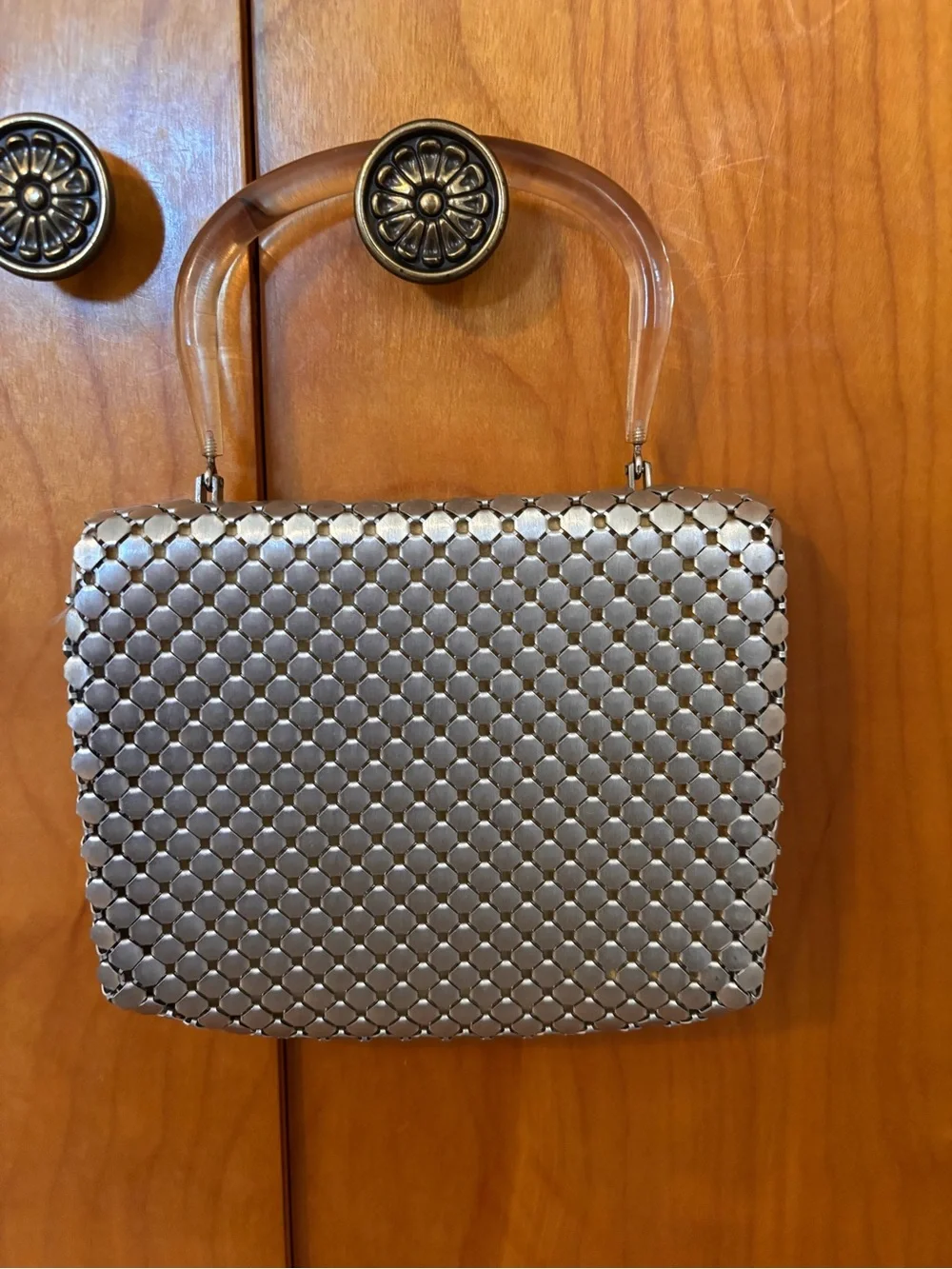 Whiting and Davis Silver Mesh Handbag with Lucite Handle
